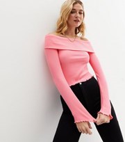 New Look Bright Pink Ribbed Long Sleeve Bardot Top